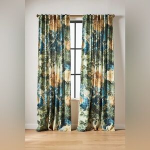 Anthropologie Blue Green and Gold Watercolor Botanical Drape